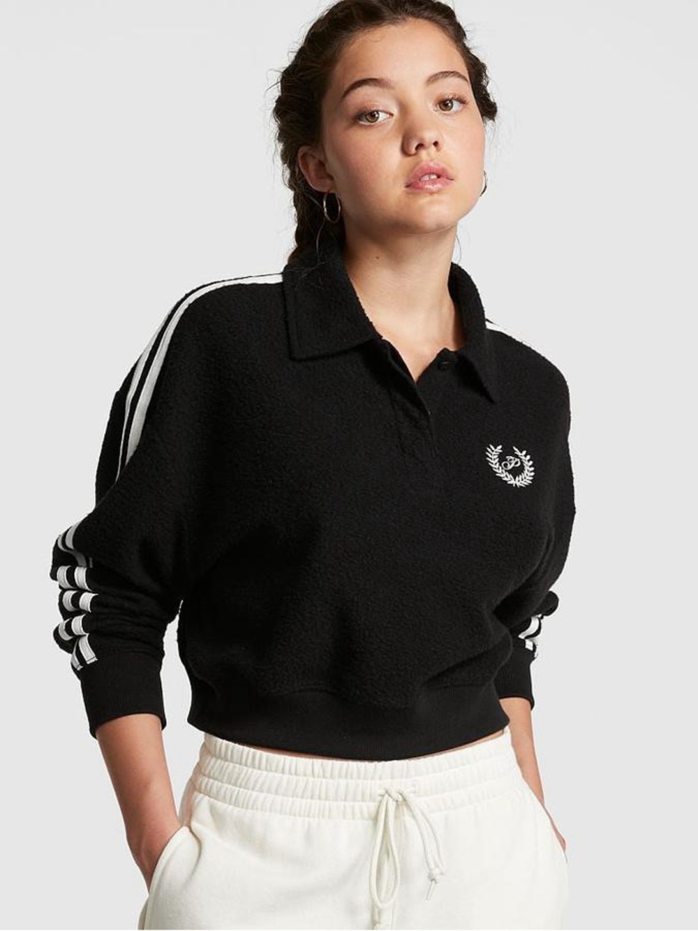 PINK Victoria’s Secret Reverse Fleece Cropped Polo Sweatshirt